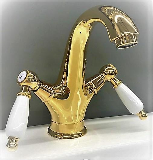 Смеситель для умывальника FIORE Coloniale Золото, белые ручки для ванной комнаты