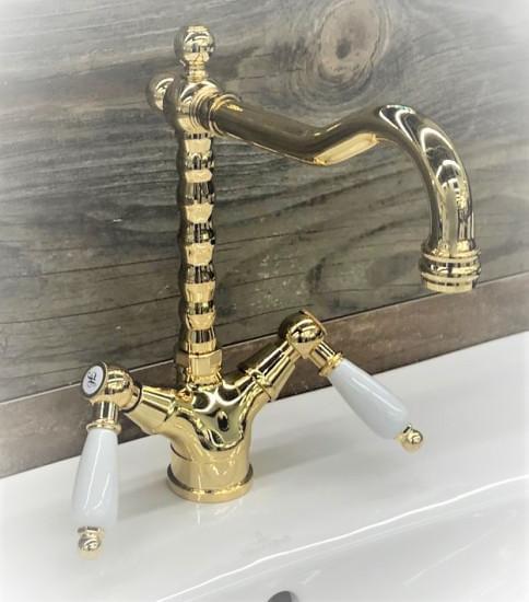 Смеситель для умывальника FIORE Coloniale Золото, высокий, белые ручки для ванной комнаты